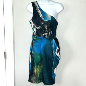 Black Halo Cocktail Dress Size 4 Silk Abstract One Shoulder Ruched Blue Black